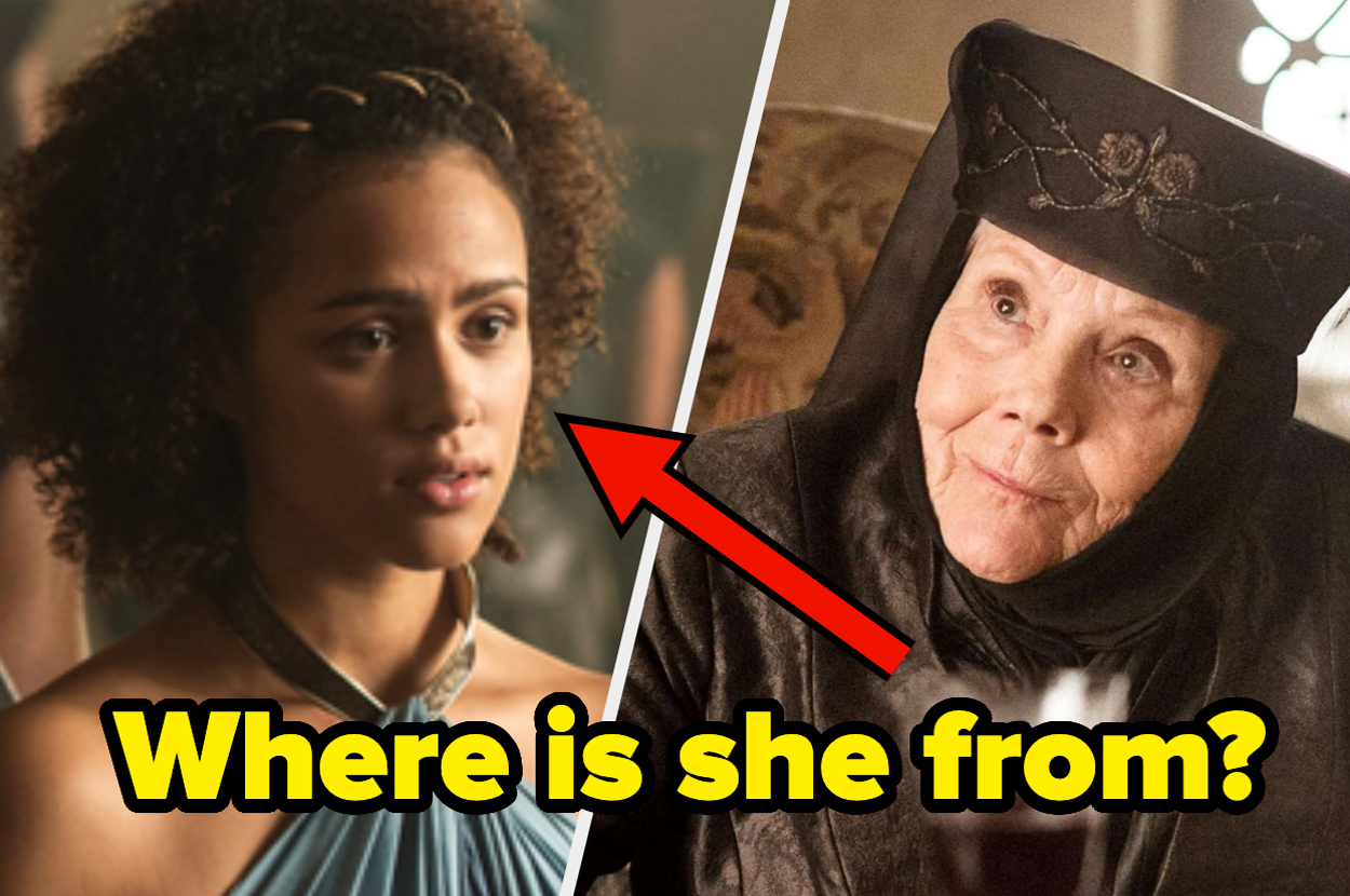 Nathalie Emmanuel appears distressed in character on the left, and Diana Rigg dressed in a medieval costume looks wise on the right. Text reads "Where is she from?"