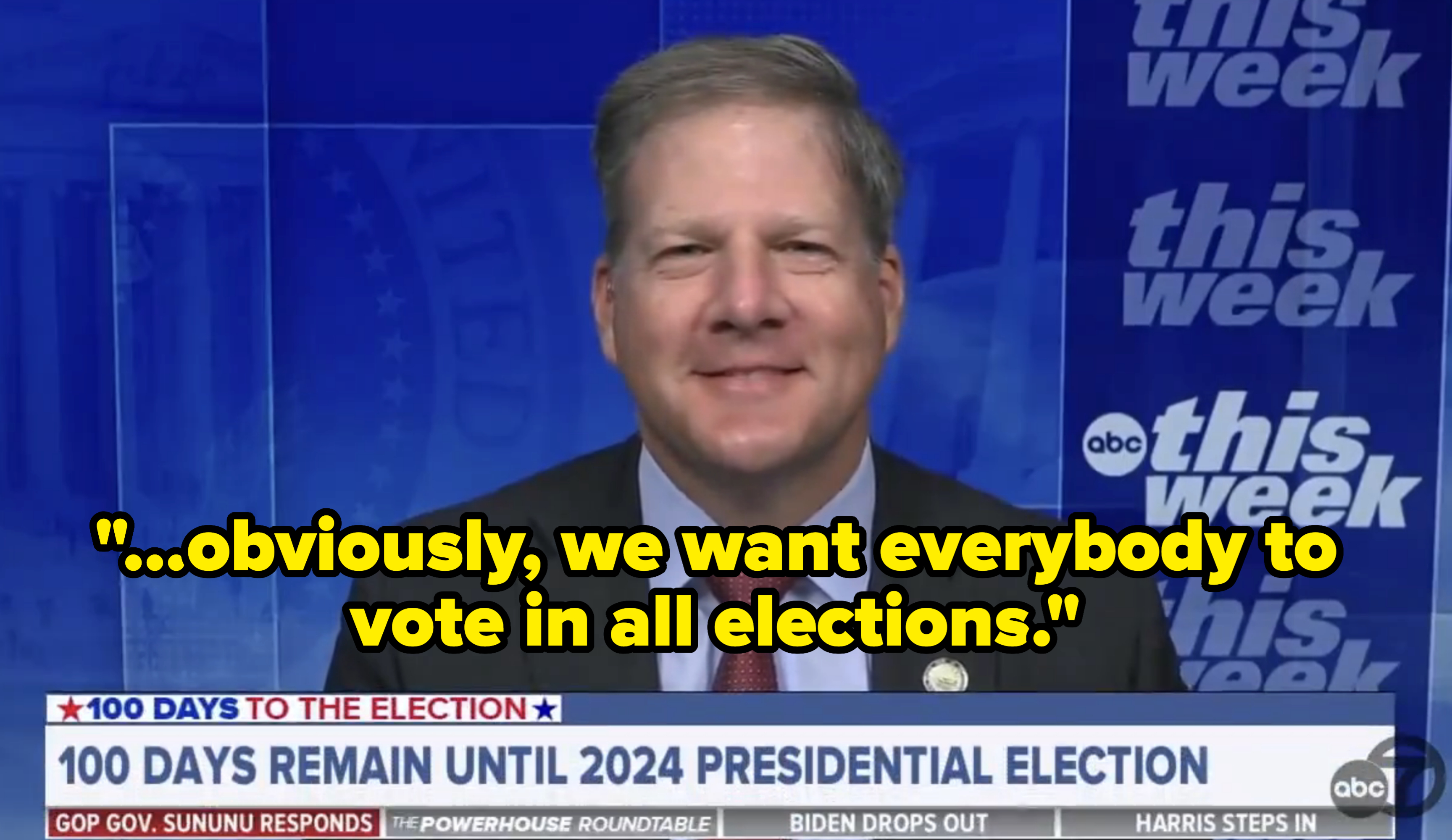 Chris Sununu on ABC's "This Week," smiles during an interview. The screen shows text: "100 Days Remain Until 2024 Presidential Election."
