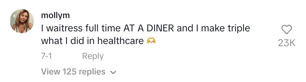 Instagram comment by mollym reads: "I waitress full time AT A DINER and I make triple what I did in healthcare"