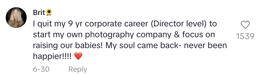 Instagram post by Brit?: "I quit my 9 yr corporate career (Director level) to start my own photography company & focus on raising our babies! My soul came back - never been happier!!!!❤️"