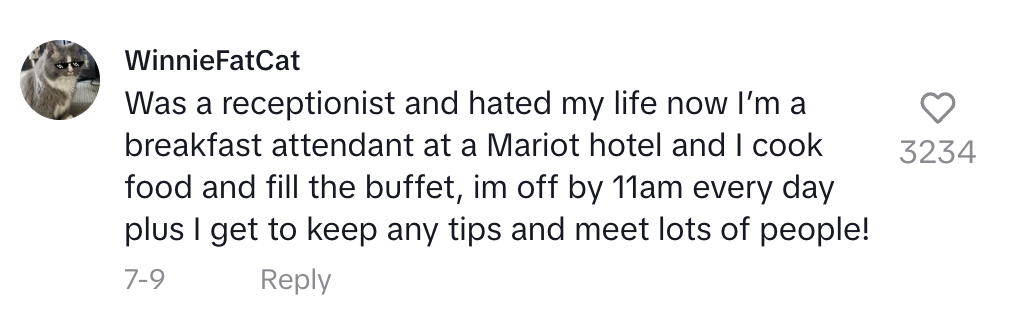 Comment by WinnieFatCat: "Was a receptionist and hated my life now I'm a breakfast attendant at a Mariot hotel and I cook food and fill the buffet, im off by 11am every day plus I get to keep any tips and meet lots of people!"