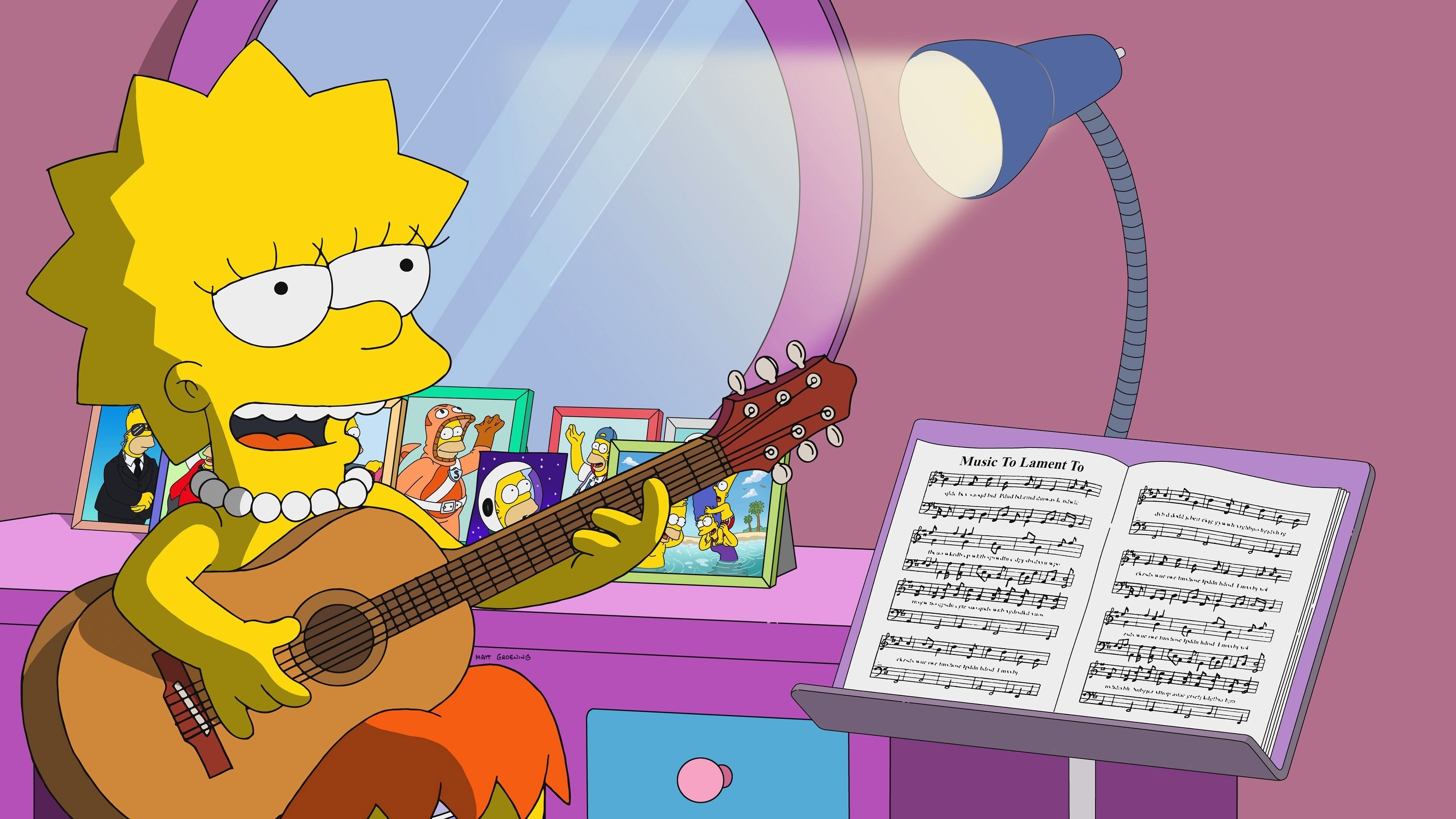 Lisa Simpson playing guitar with a music sheet titled &quot;Music to Learn By&quot; and family photos in the background