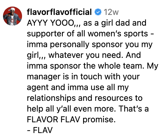 Screenshot of Flavor Flav's comment on Maggie Steffens's Instagram post