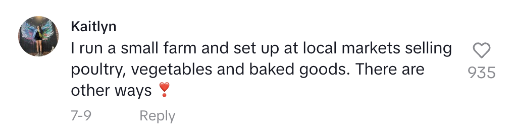 Kaitlyn comments: "I run a small farm and set up at local markets selling poultry, vegetables and baked goods. There are other ways." with 935 likes