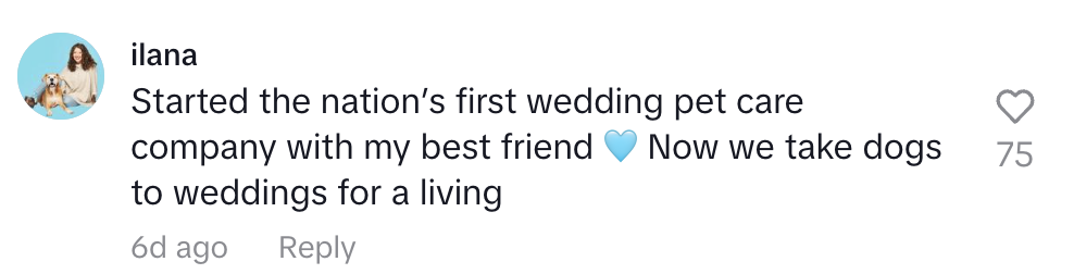 Comment by ilana: "Started the nation's first wedding pet care company with my best friend ? Now we take dogs to weddings for a living"