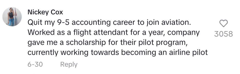 Nickey Cox shared that she quit her accounting job to join aviation, worked as a flight attendant, received a pilot scholarship, and is training to be a pilot