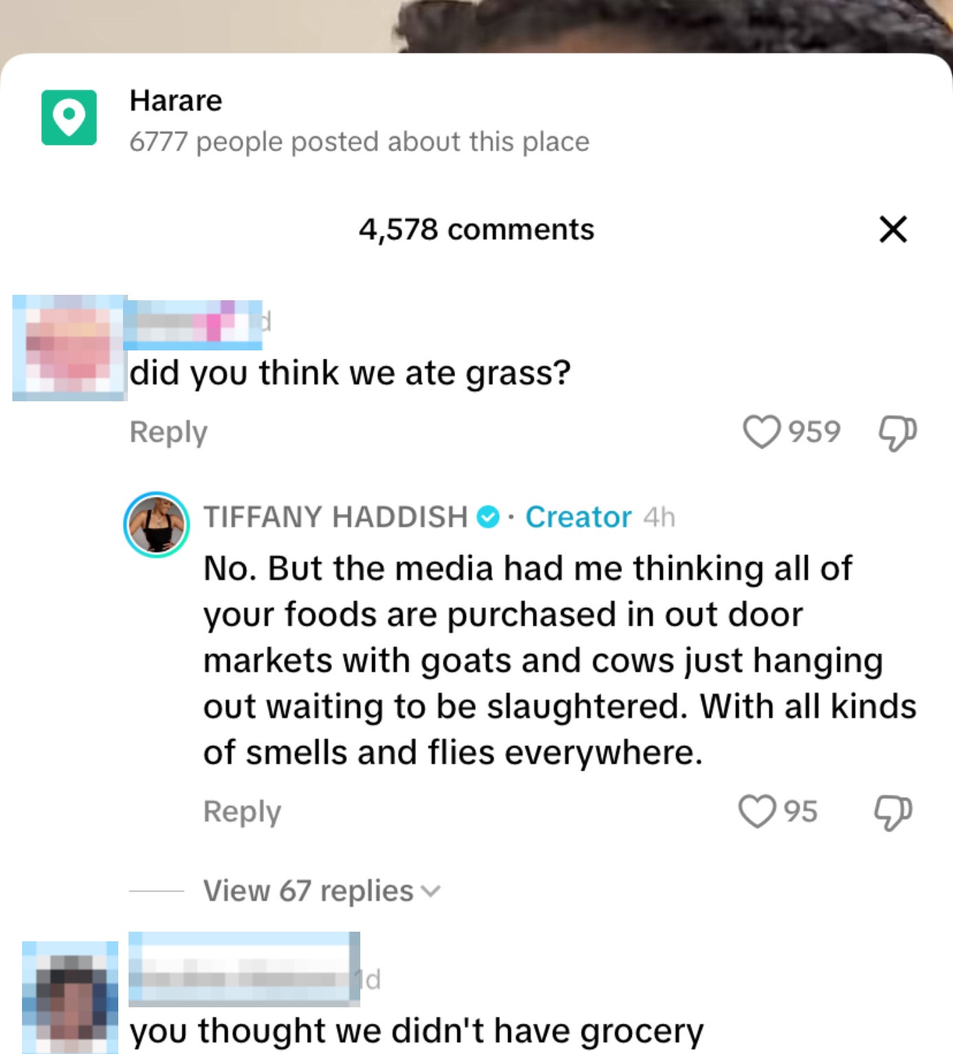 Screenshot of social media app showing a post by Tiffany Haddish responding to a comment about food in Zimbabwe, stating media influenced her perception of local food sources