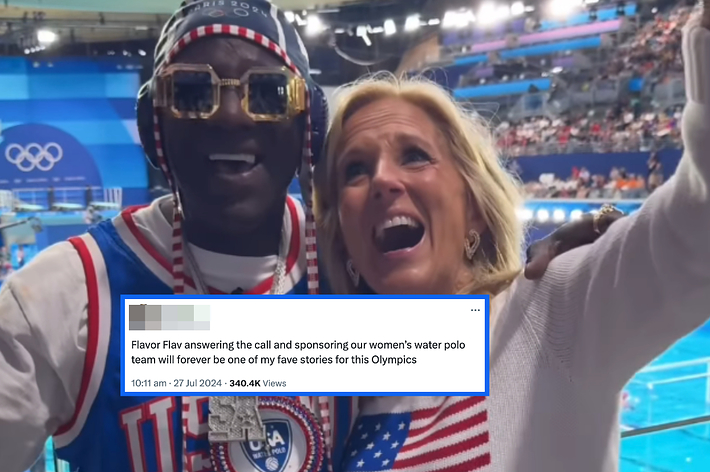 Flavor Flav and Jill Biden celebrate at the Olympics. Caption highlights Flavor Flav's support for the women's water polo team