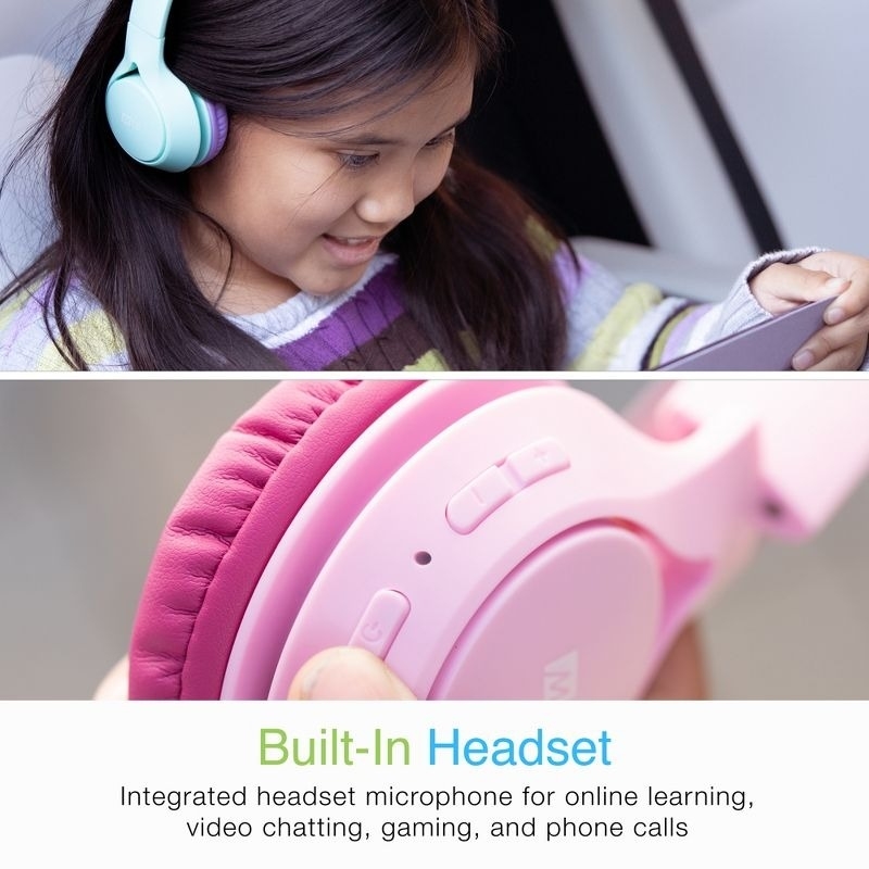 A child using a tablet wears pink-and-turquoise headphones with an integrated microphone for online learning, video chatting, gaming, and phone calls