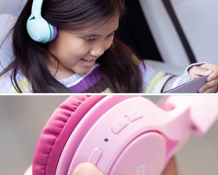 A child using a tablet wears pink-and-turquoise headphones with an integrated microphone for online learning, video chatting, gaming, and phone calls
