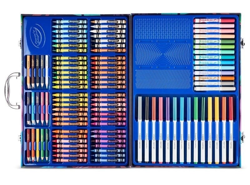 Open art kit with various compartments holding crayons, colored pencils, markers, and painting tools, ideal for creative projects and gifts
