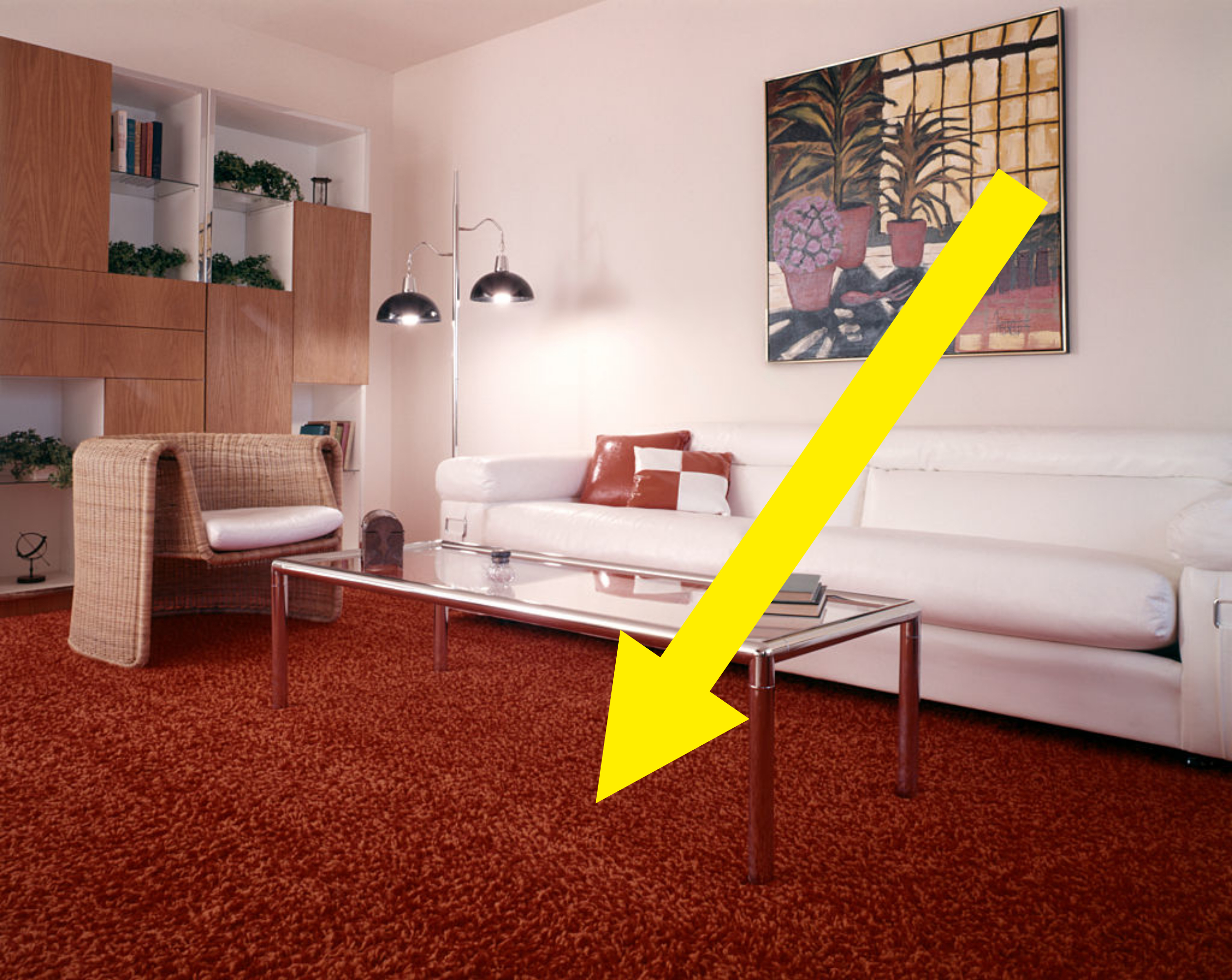 A mid-century modern living room featuring a white sofa, a wicker chair, a glass coffee table on a red shag carpet, and a wall-mounted painting with plants