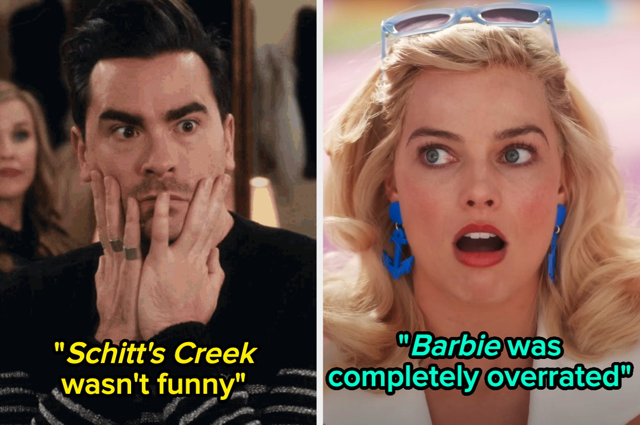 Dan Levy with a shocked expression and text "Schitt's Creek wasn't funny." Margot Robbie looking surprised with text "Barbie was completely overrated."