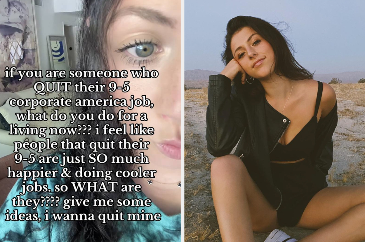 A side-by-side image: Left shows a close-up of a person's face near text asking about quitting 9-5 jobs. Right shows a person sitting on the ground, smiling, wearing a white top and denim shorts