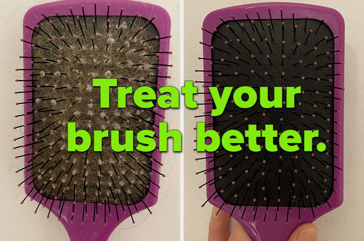 Two hair brushes side-by-side; left brush is dirty with hair, right brush is clean. Text reads: "Treat your brush better."
