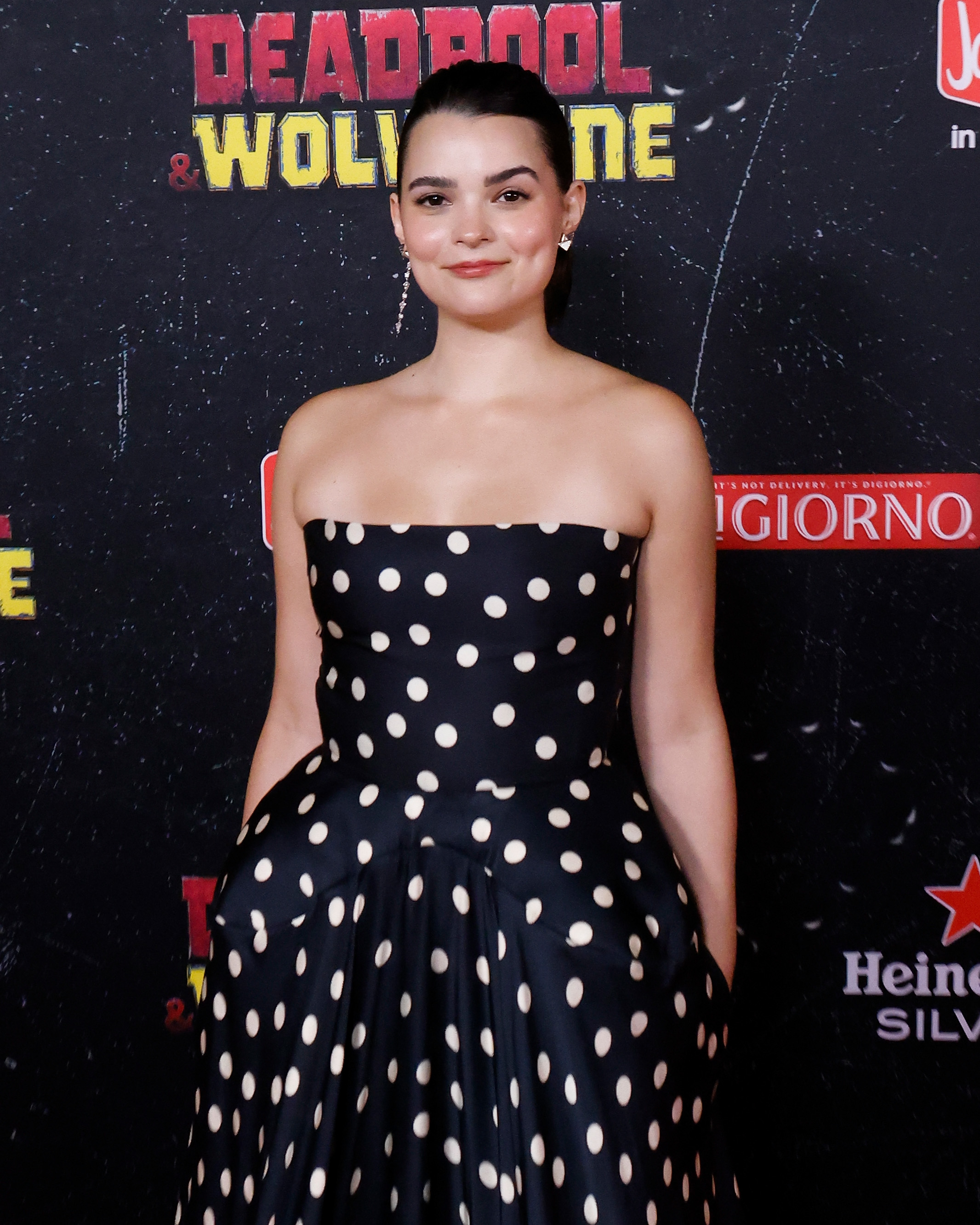 Brianna Hildebrand in a polka dot dress at the &quot;Deadpool &amp;amp; Wolverine&quot; world premiere