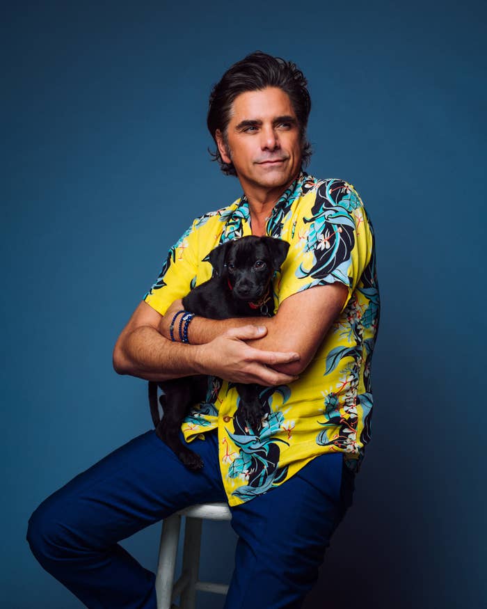 John Stamos poses with a puppy on his lap, wearing a vibrant, patterned short-sleeve shirt and dark pants, against a solid background