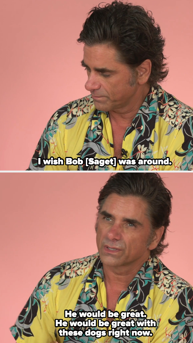 John Stamos wearing a patterned shirt, expressing in text: &quot;I wish Bob [Saget] was around. He would be great. He would be great with these dogs right now.&quot;