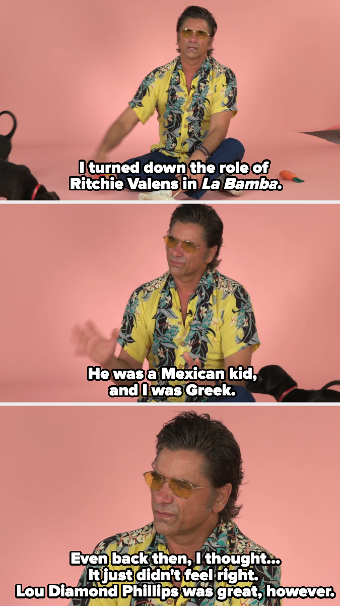 John Stamos in a tropical shirt talks about turning down the role of Ritchie Valens in &quot;La Bamba&quot; because playing a Mexican character as a Greek person didn't feel right, and mentioning Lou Diamond Phillips did a great job