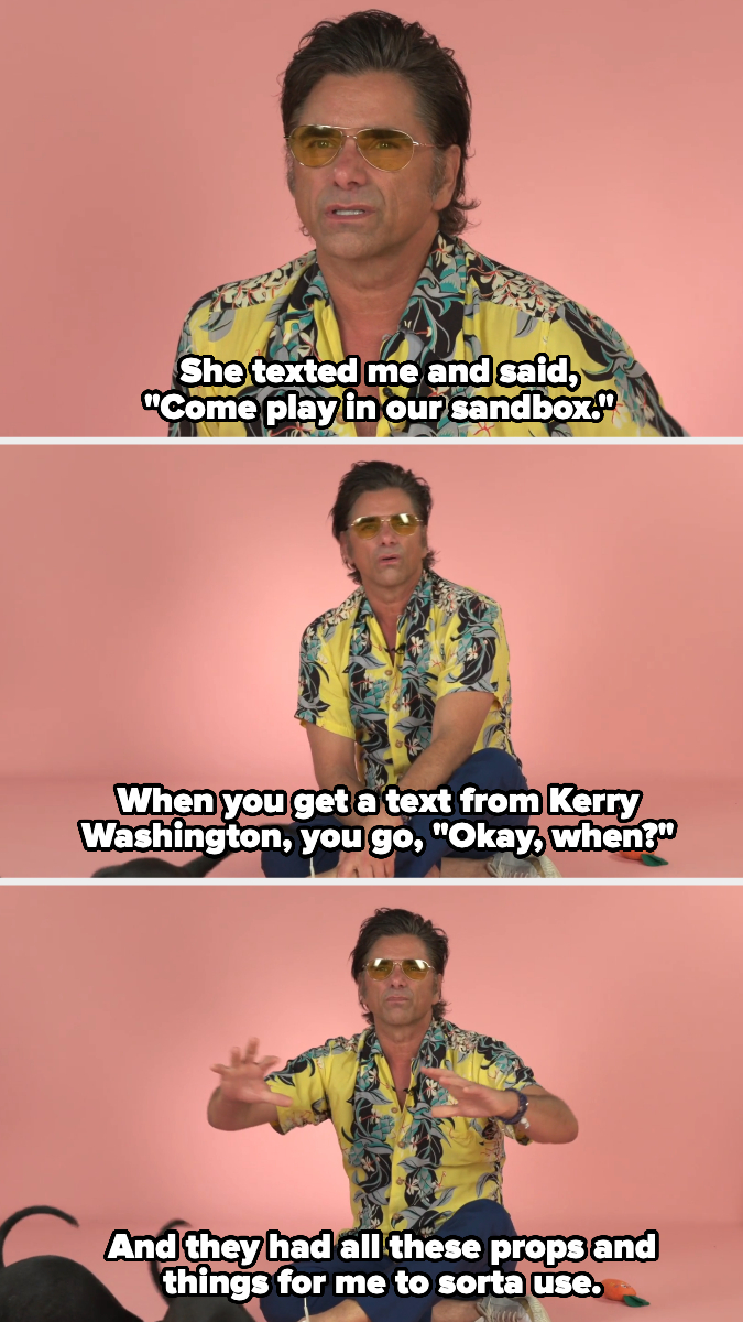 John Stamos in a floral shirt discusses a text invite from Kerry Washington to join a project, highlighting the props provided for his use