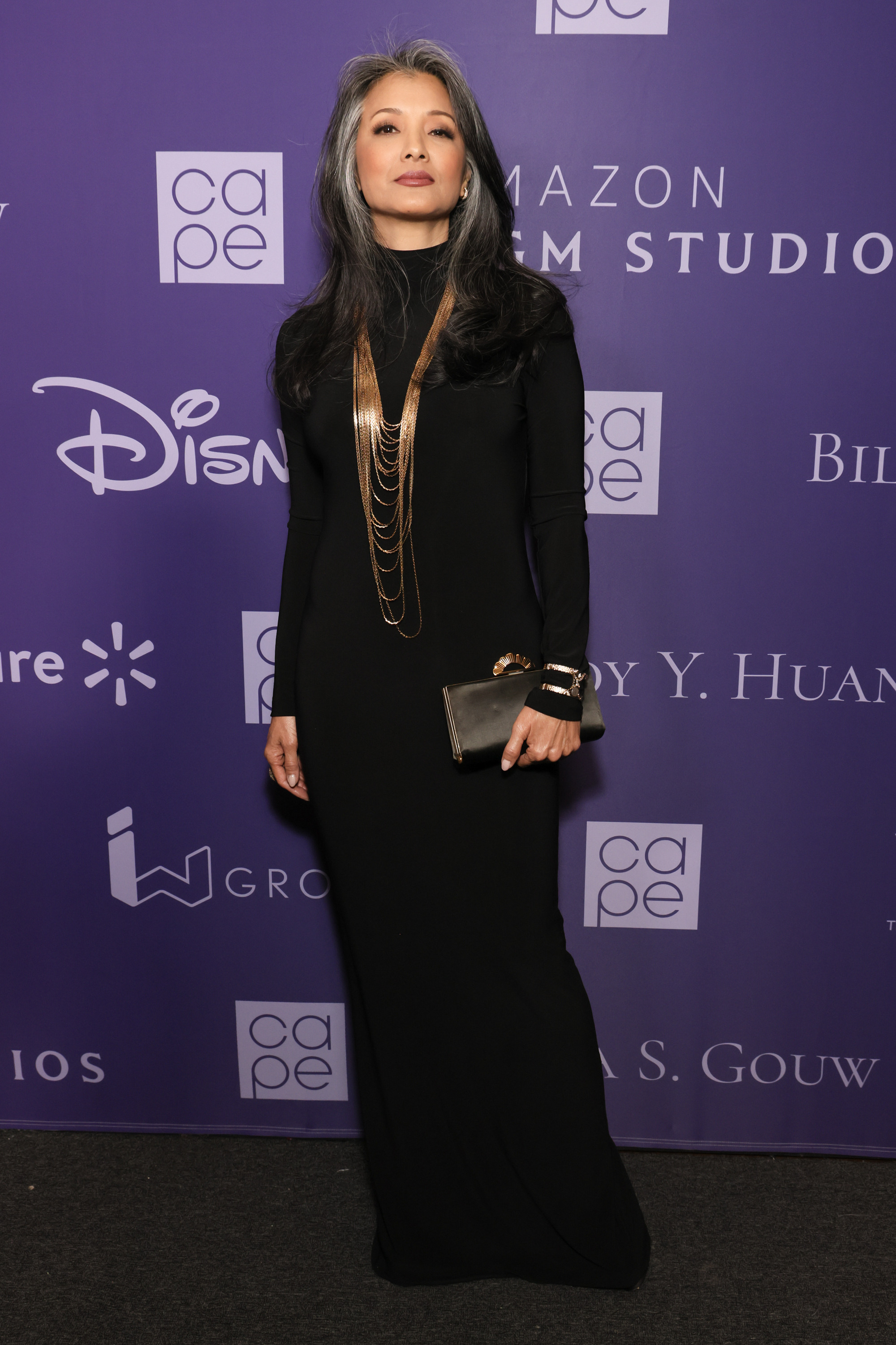 Kelly Hu in a black dress at an event in Los Angeles, California