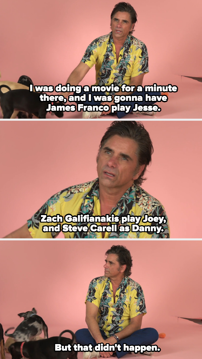John Stamos in a floral shirt sits with dogs, recounting casting ideas for a movie—James Franco as Jesse, Zach Galifianakis as Joey, and Steve Carell as Danny