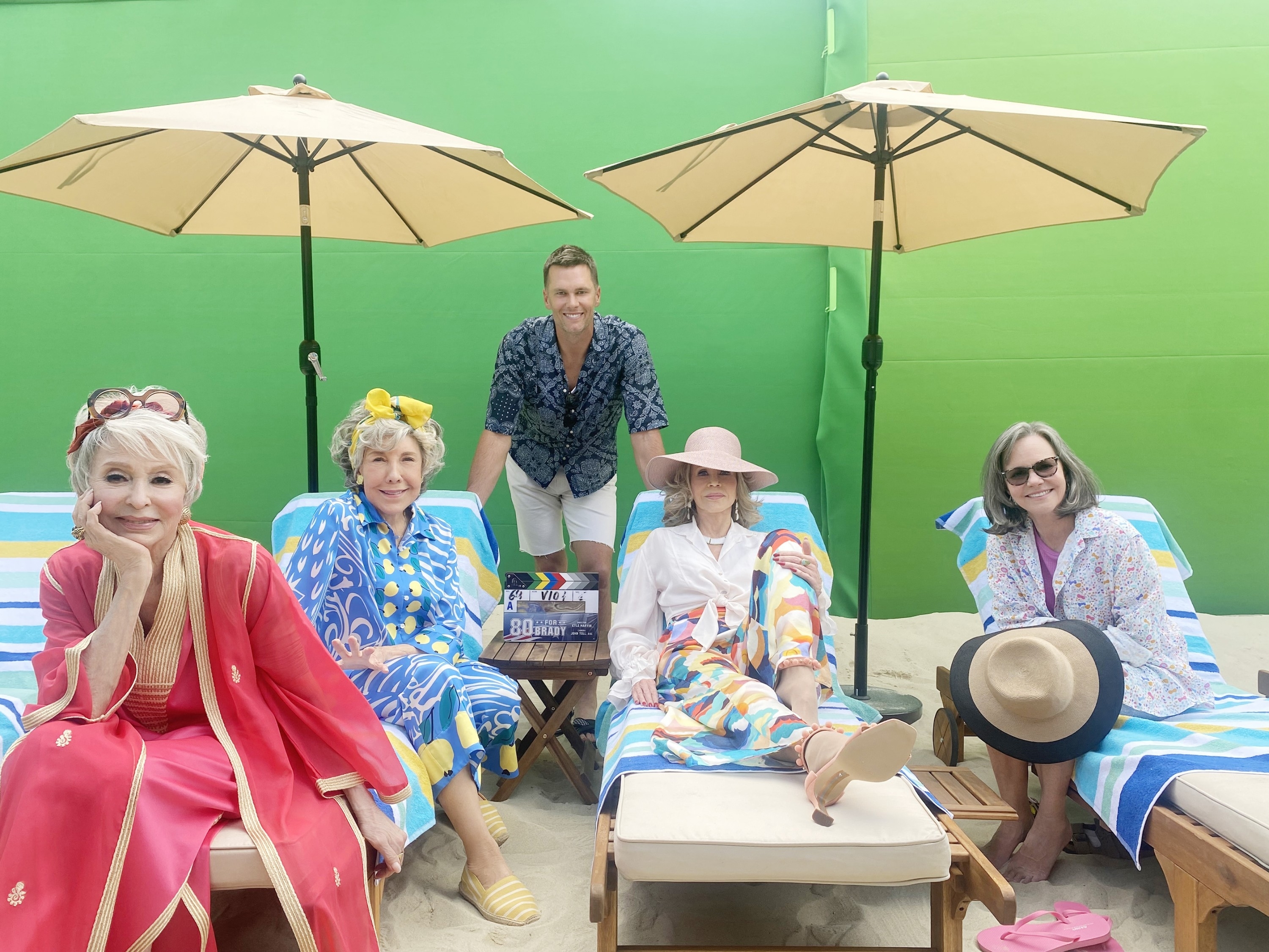 cast members of "80 for Brady" on set of the film