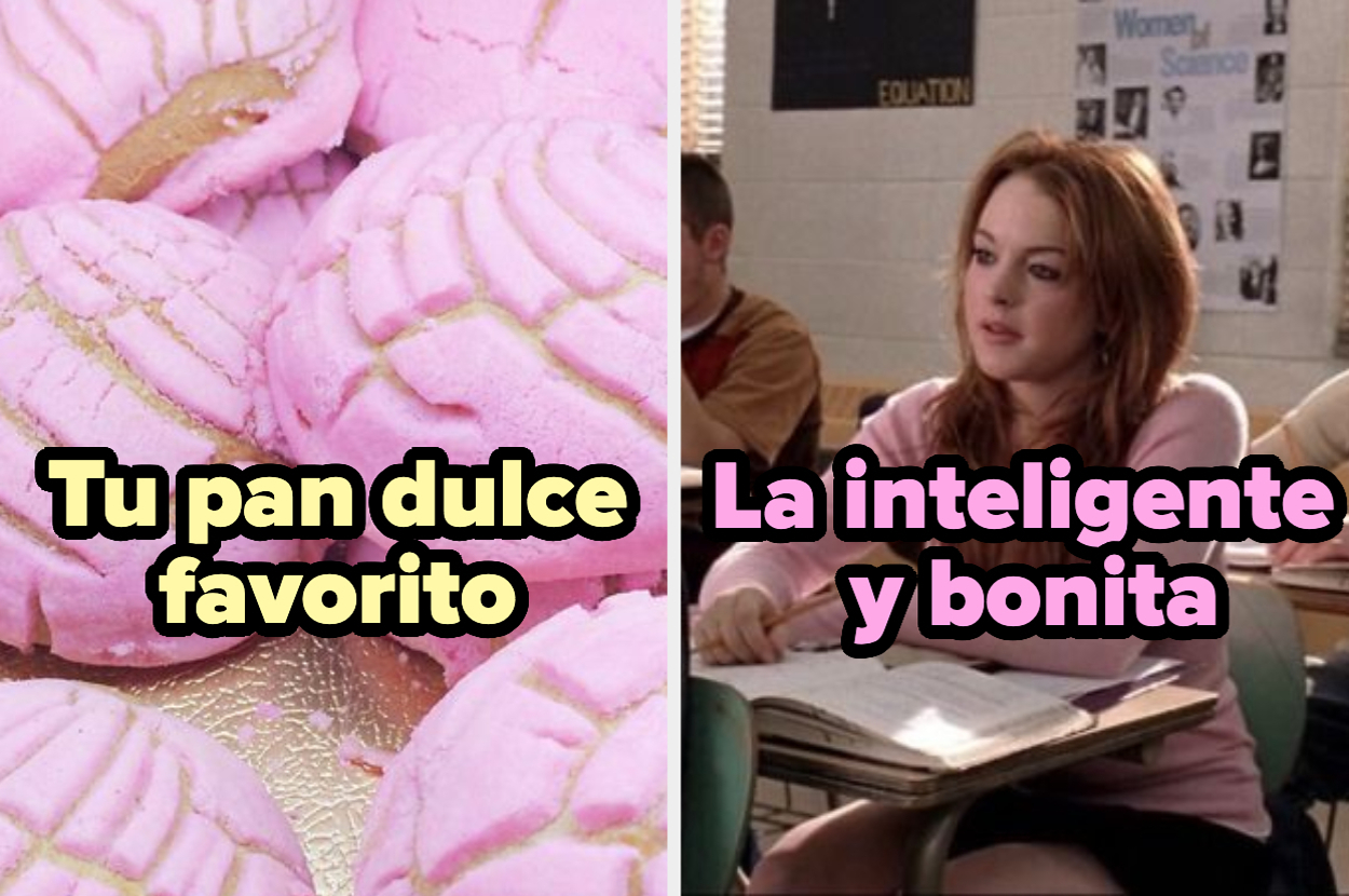 Fotografía dividida. Izquierda: varias conchas rosas con texto "Tu pan dulce favorito". Derecha: Lindsay Lohan en su papel en la película "Mean Girls" con texto "La inteligente y bonita"