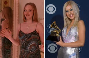 On the left, Amanda Seyfried in a patterned dress. On the right, Christina Aguilera holding a Grammy award, wearing a sparkly, figure-hugging dress