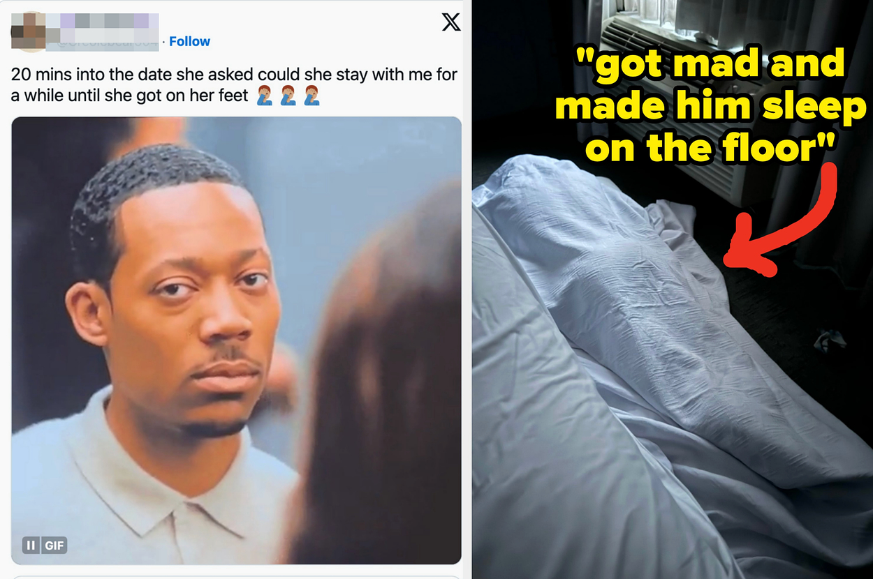 Split image. Left: Christopher, caption says "20 mins into the date she asked could she stay with me for a while until she got on her feet." Right: Unmade bed with caption "got mad and made him sleep on the floor."