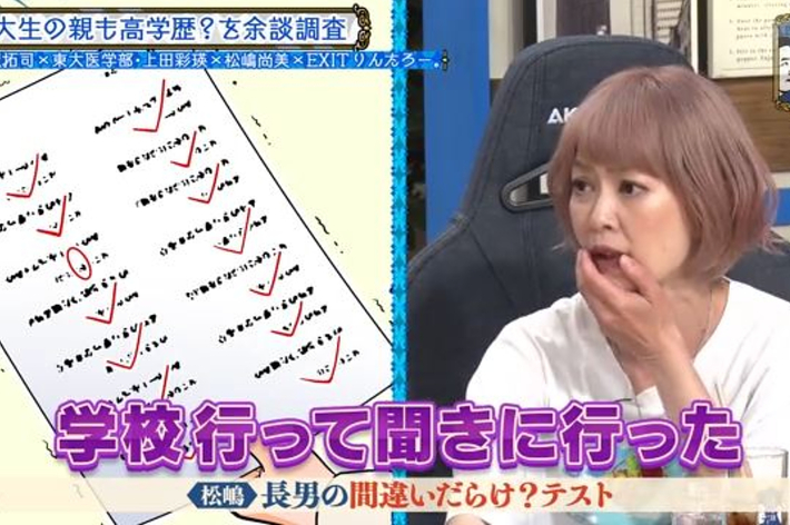 テレビ番組のワンシーン。右側の女性は松嶋尚美。背景には学校調査の結果が映し出されている。