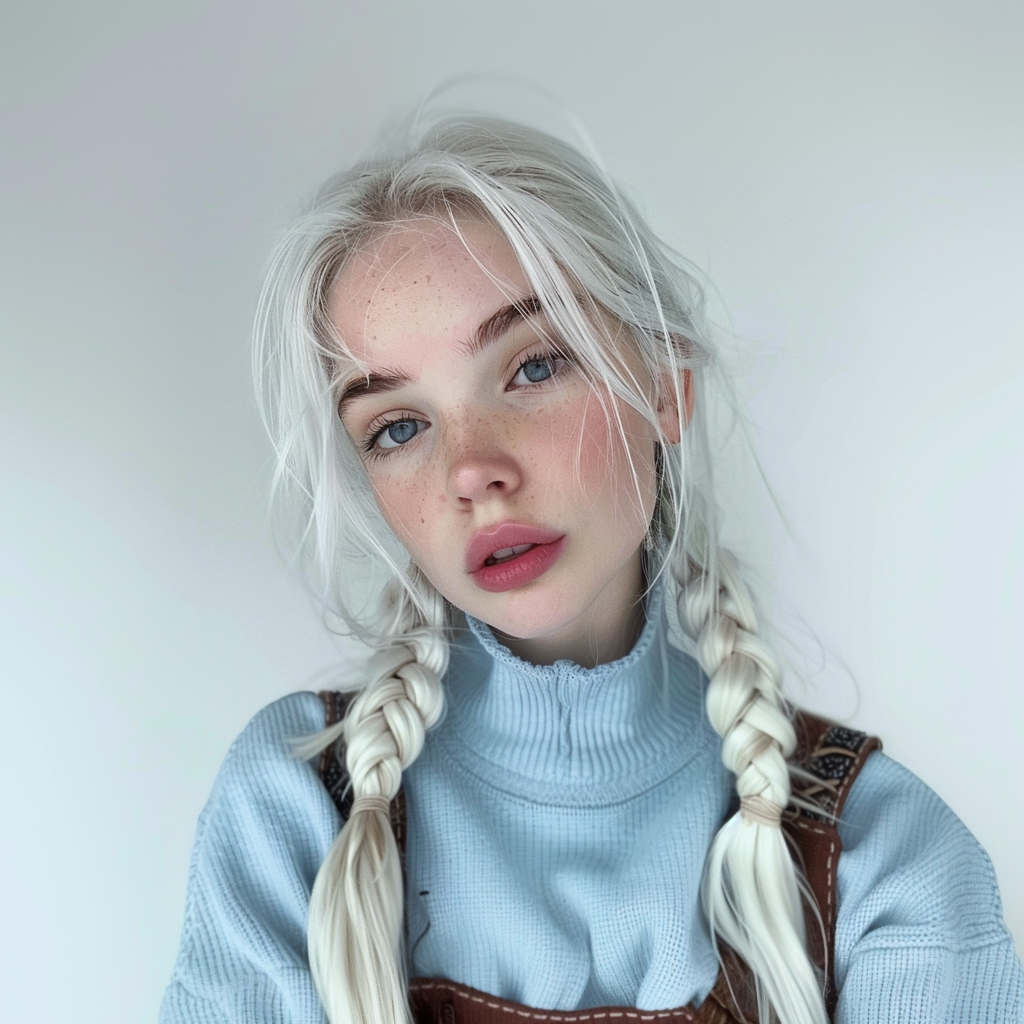 A person with long, light-colored braided hair wears a high-neck textured top and a jumper. They look directly at the camera against a plain background