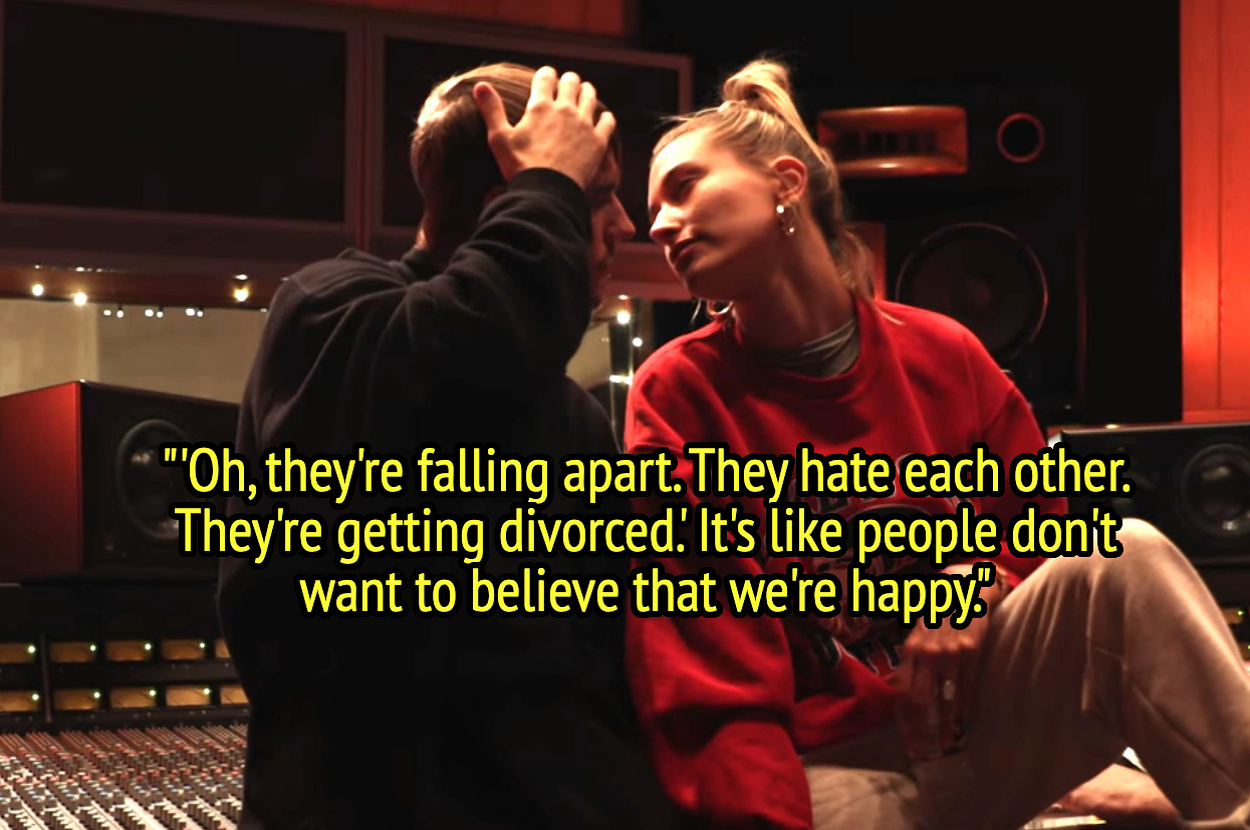Justin Bieber and Hailey Bieber in a recording studio, with the text: "'Oh, they're falling apart. They hate each other. They're getting divorced.' It's like people don't want to believe that we're happy."