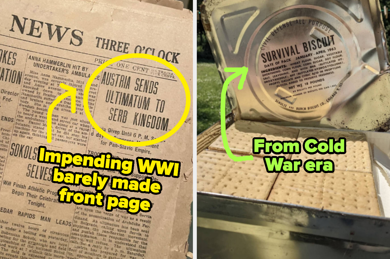 Side-by-side images: Left shows a 1914 newspaper with "Austria sends ultimatum to Serb kingdom" headline; right shows a Cold War era survival biscuit tin