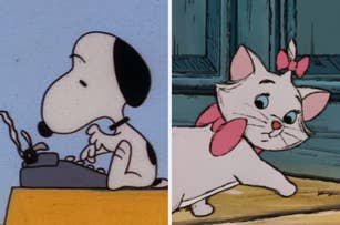 Snoopy sits at a typewriter. Marie from "The Aristocats" looks back with a pink bow on her head and neck