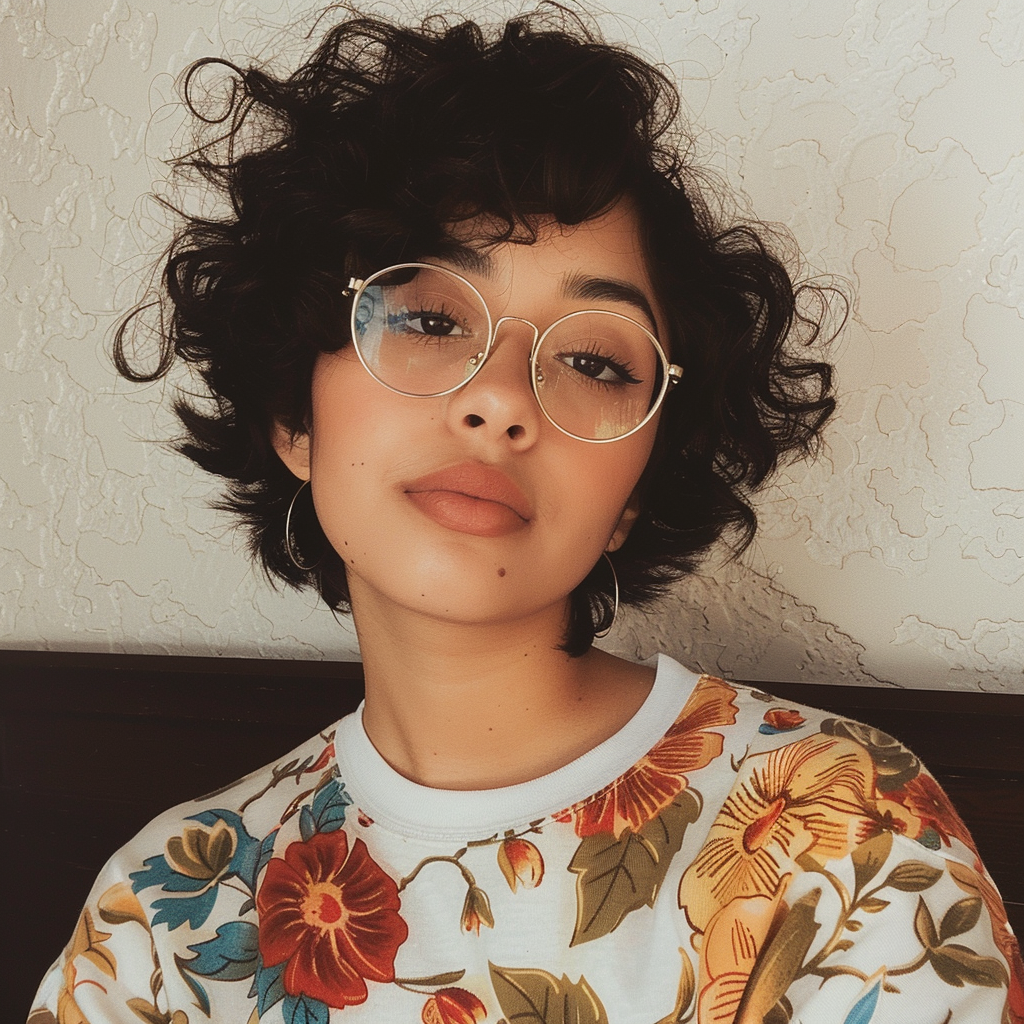 A person with curly hair and glasses poses for the camera, wearing a sweater with a floral design