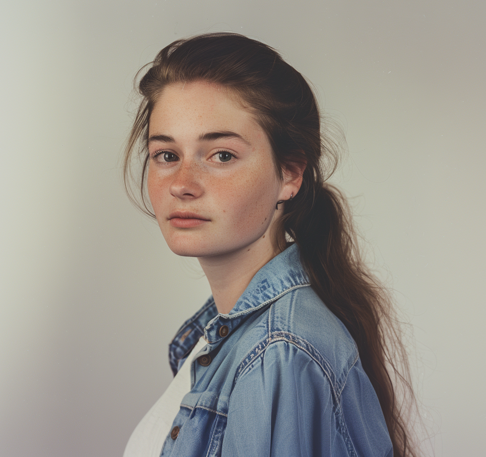 A woman with long brown hair is wearing a denim jacket over a white shirt and looking at the camera against a plain background