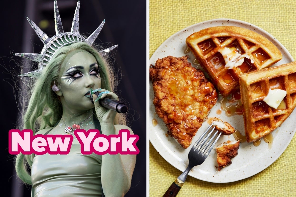 On the left, Chappell Roan dressed like the Statue of Liberty labeled New York, and on the right, a plate of chicken and waffles