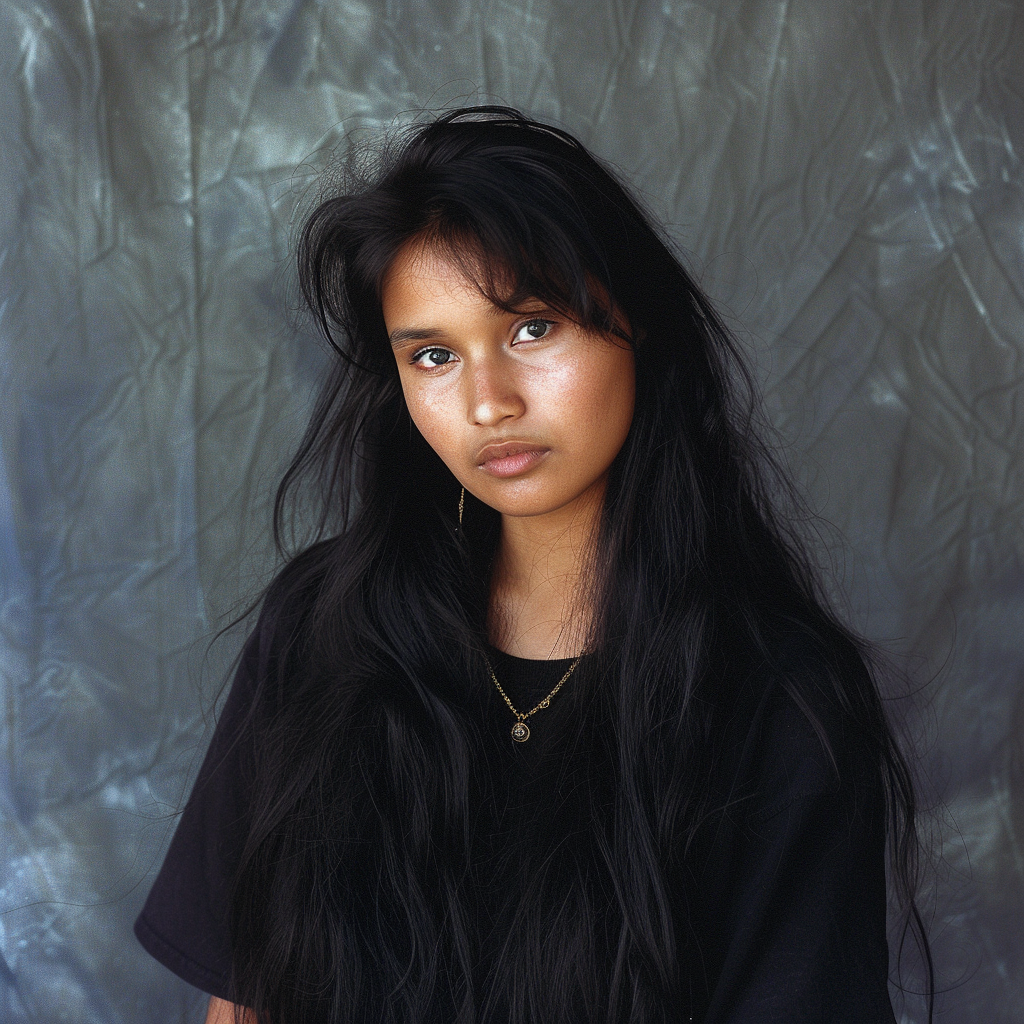A woman with long, dark hair poses in front of a textured backdrop, wearing a necklace and a dark shirt. Her expression is neutral