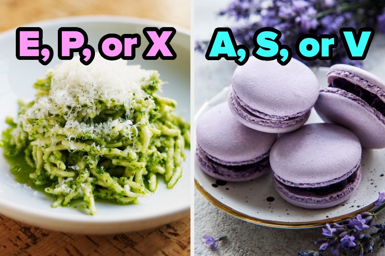On the left, some pesto pasta labeled E, P, or X, and on the right, a plate of lavender macarons labeled A, S, or V