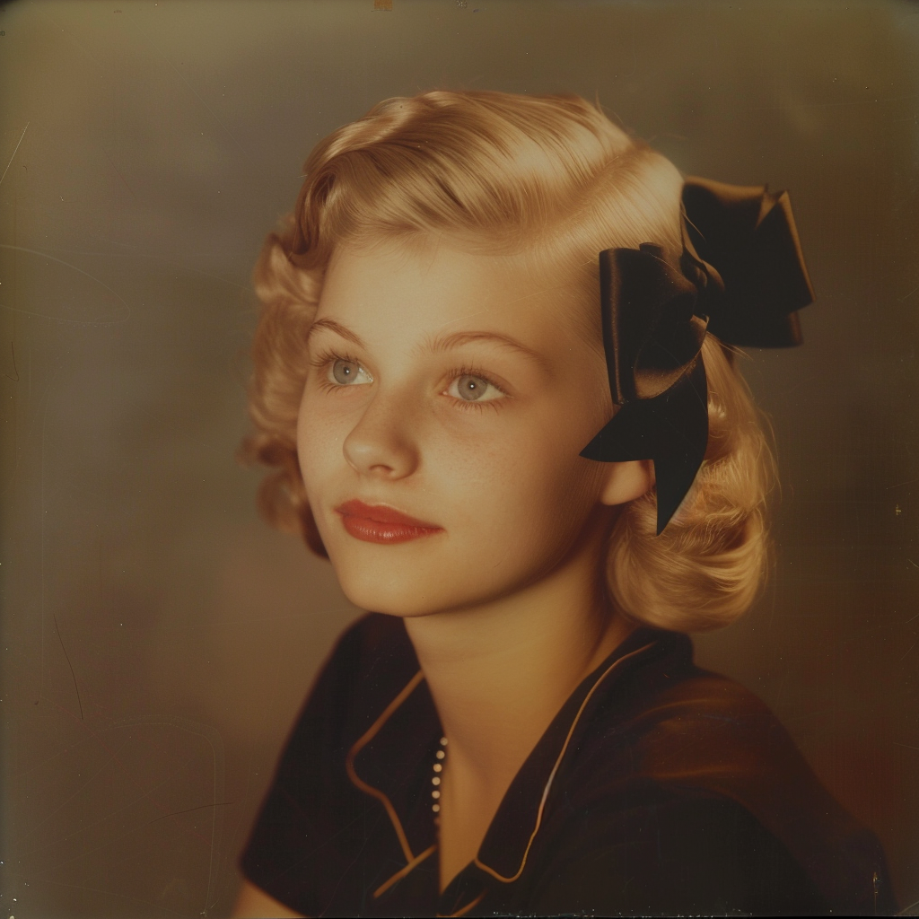 A person with short, wavy hair styled with a large bow, gazing to the side in a formal portrait