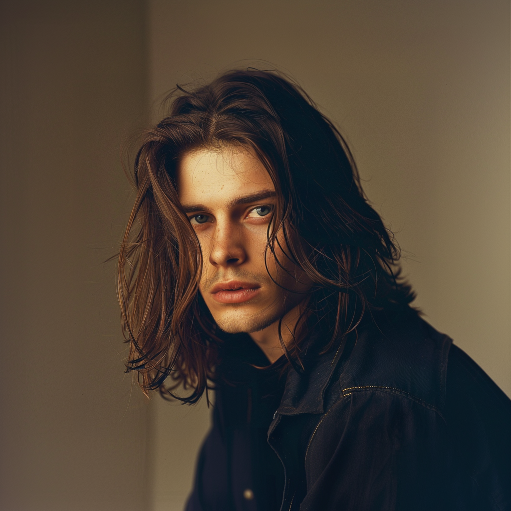 A person with long hair and a serious expression looking towards the camera, wearing a dark jacket in a neutral background