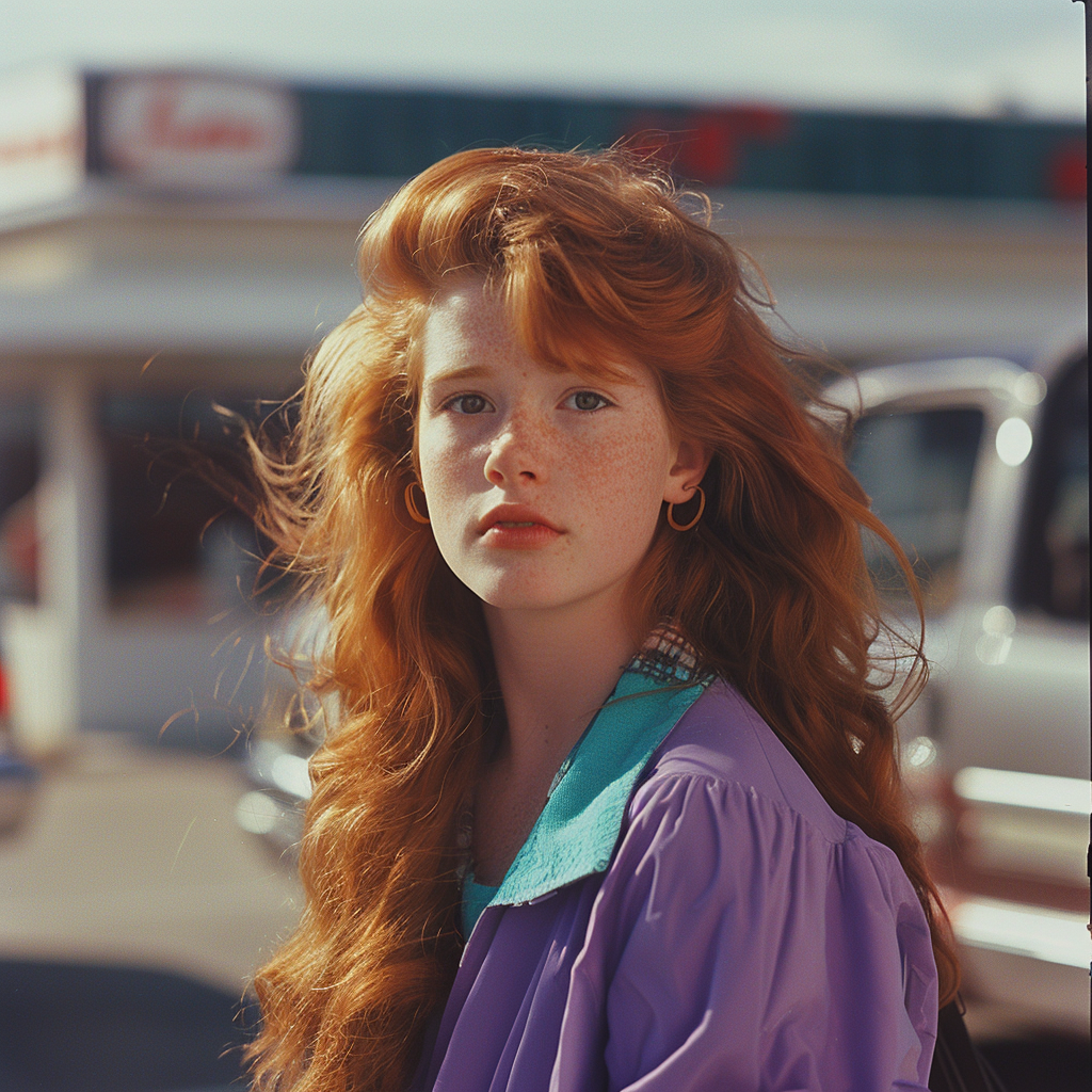 Photograph of a young woman with long red hair and freckles, wearing a purple jacket and green top, standing outside with a building and car in the background
