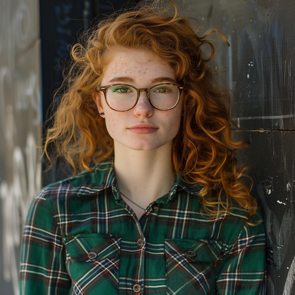 Woman with curly hair and glasses, wearing a plaid shirt, stands against a graffiti-covered wall