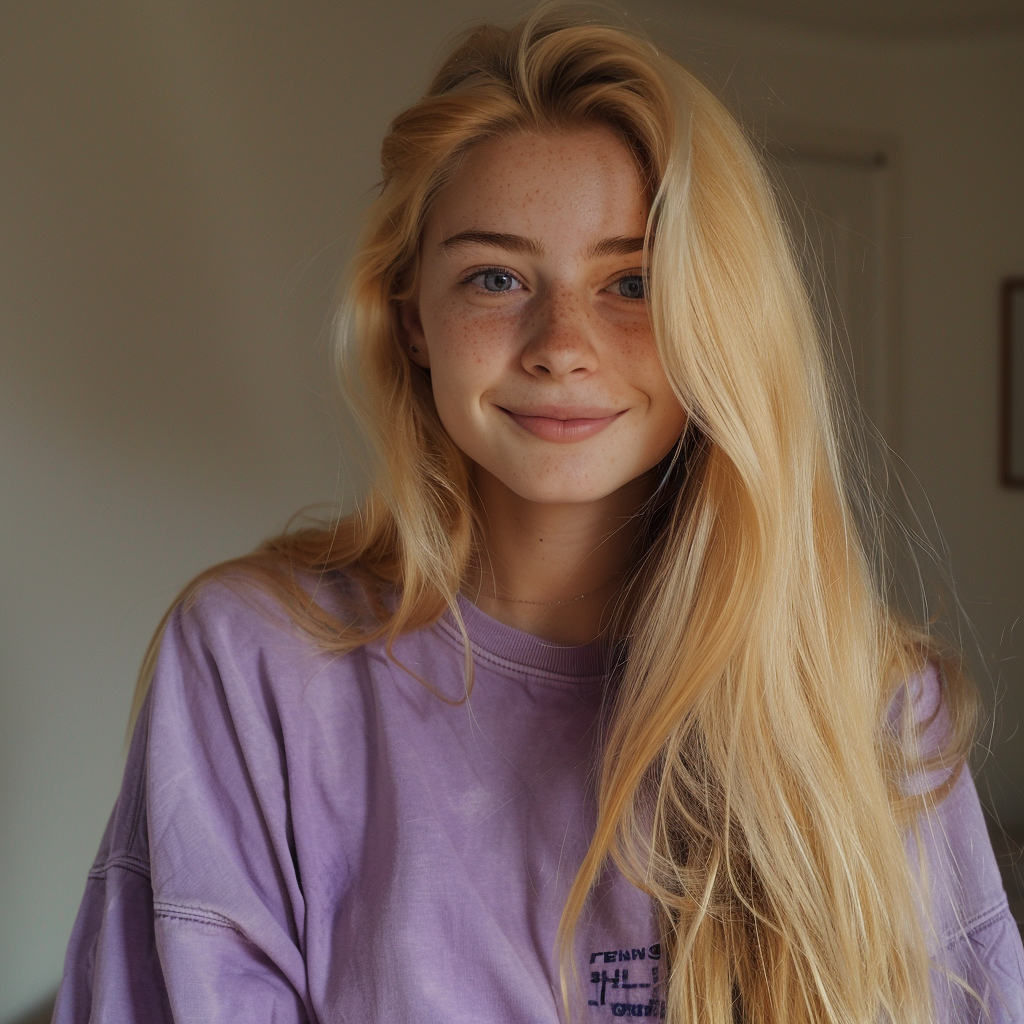 A woman with long blonde hair and freckles smiles while wearing a casual, loose-fitting T-shirt indoors