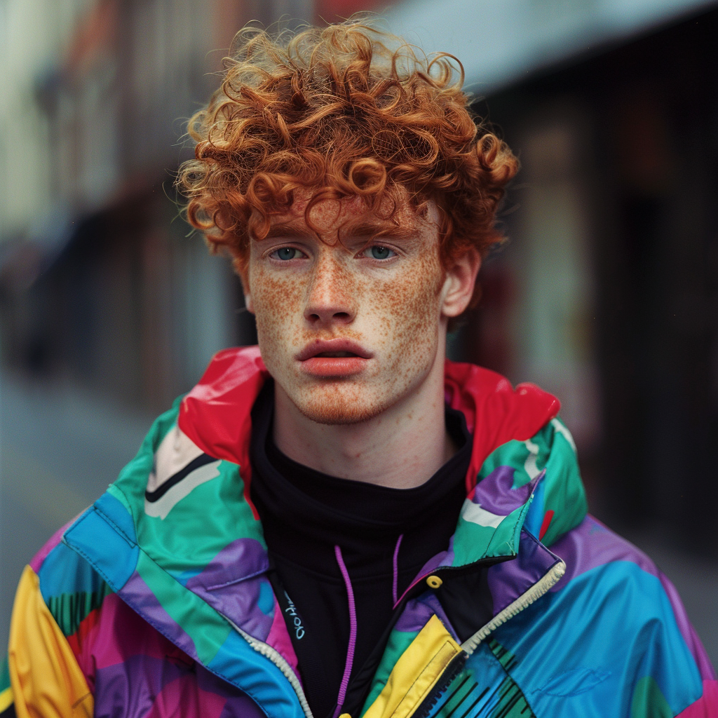 A person with curly hair and freckles is wearing a vibrant, patterned jacket