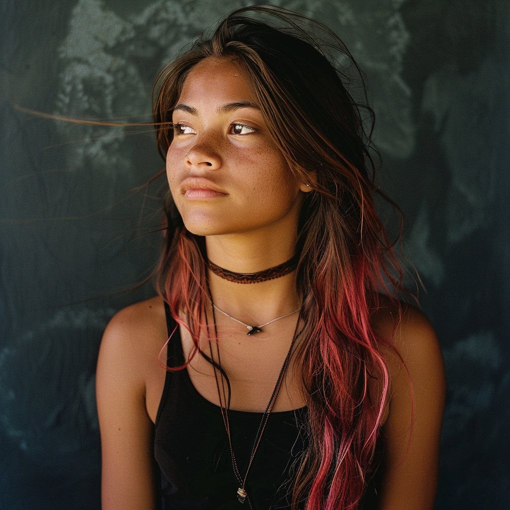 Young woman with long hair, wearing a choker necklace and a casual tank top, looks to the side against a dark, abstract background