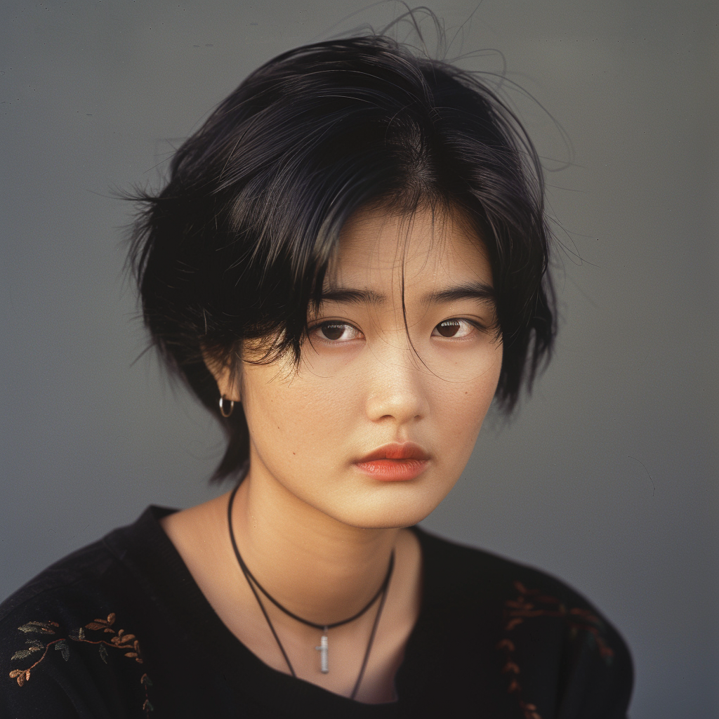 Woman with short, dark hair, wearing a black top with floral patterns and a necklace with a small pendant, looking pensive. No text in the image