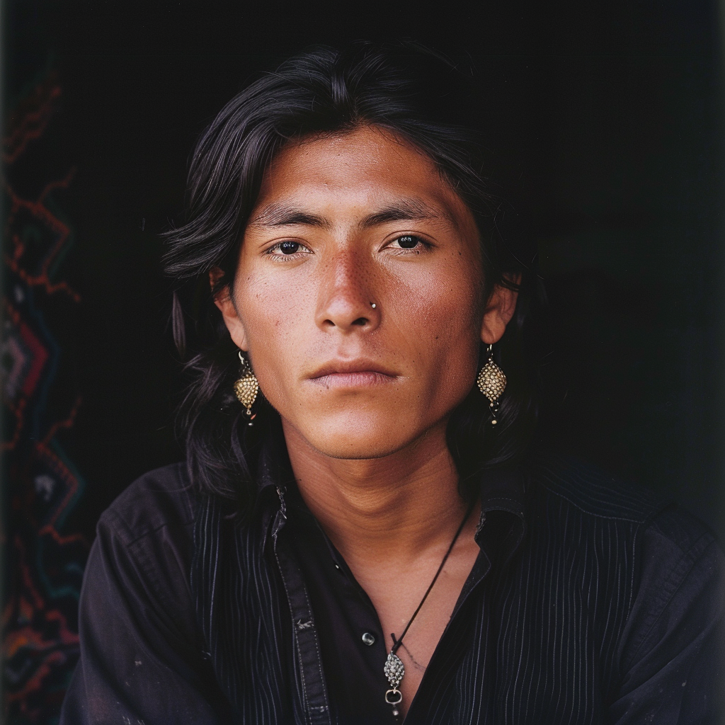 A person wearing earrings, a beaded necklace, and a dark shirt is looking directly at the camera. Their expression is serious. There are no additional people or text