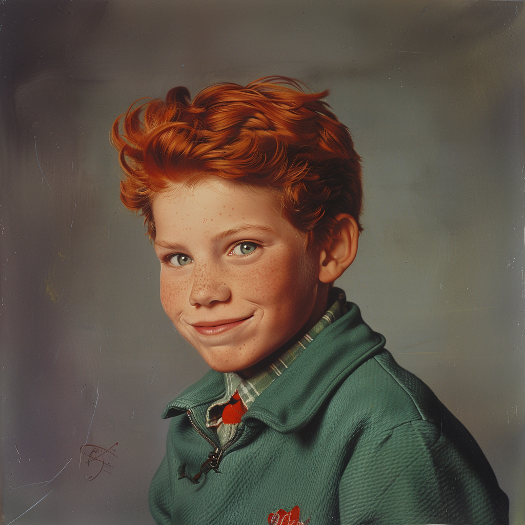 A smiling young boy with red hair and freckles is wearing a collared shirt and a jacket